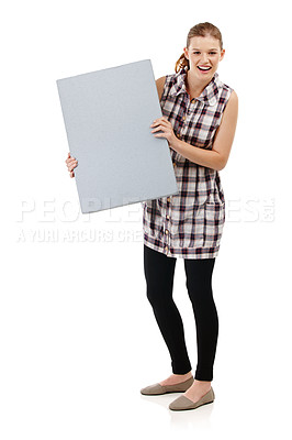 Buy stock photo Portrait, happy woman and board in studio with smile, mock up and advertising. Happiness, marketing and face of isolated female person by white background for sign with sale, branding and info poster