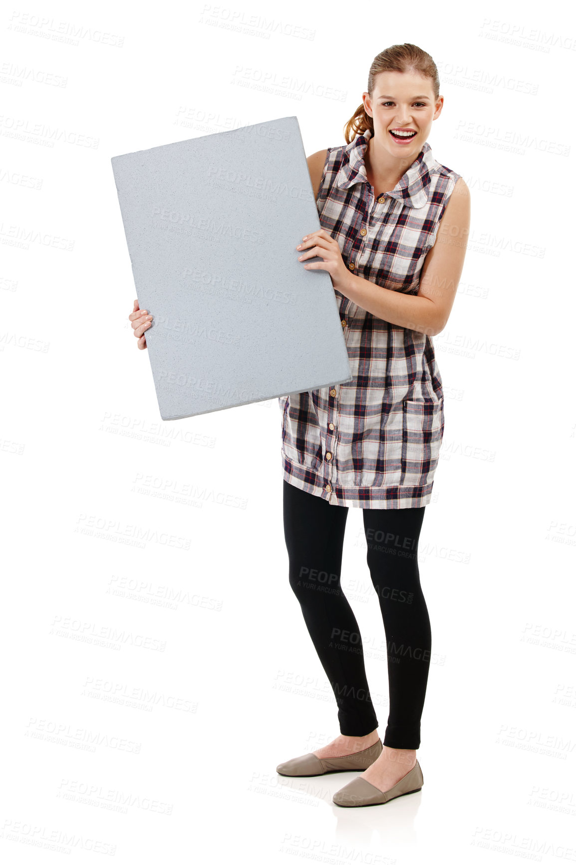 Buy stock photo Portrait, happy woman and board in studio with smile, mock up and advertising. Happiness, marketing and face of isolated female person by white background for sign with sale, branding and info poster