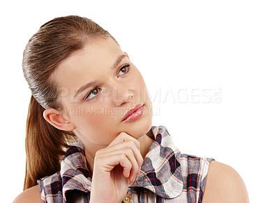 Buy stock photo Thinking, planning and woman in studio for problem solving, brainstorming or insight on white background. Why, questions and gen z student with memory, reflection or solution, guess or emoji idea