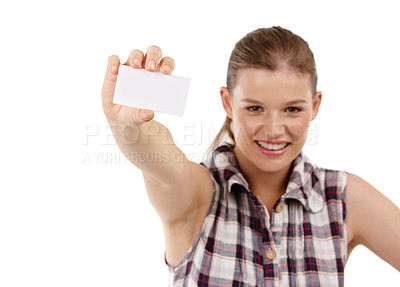 Buy stock photo Business card, mockup and portrait of woman in studio with mockup for news, advertising or info on white background. Paper, space and face of female model with hiring promo, offer or recruitment deal