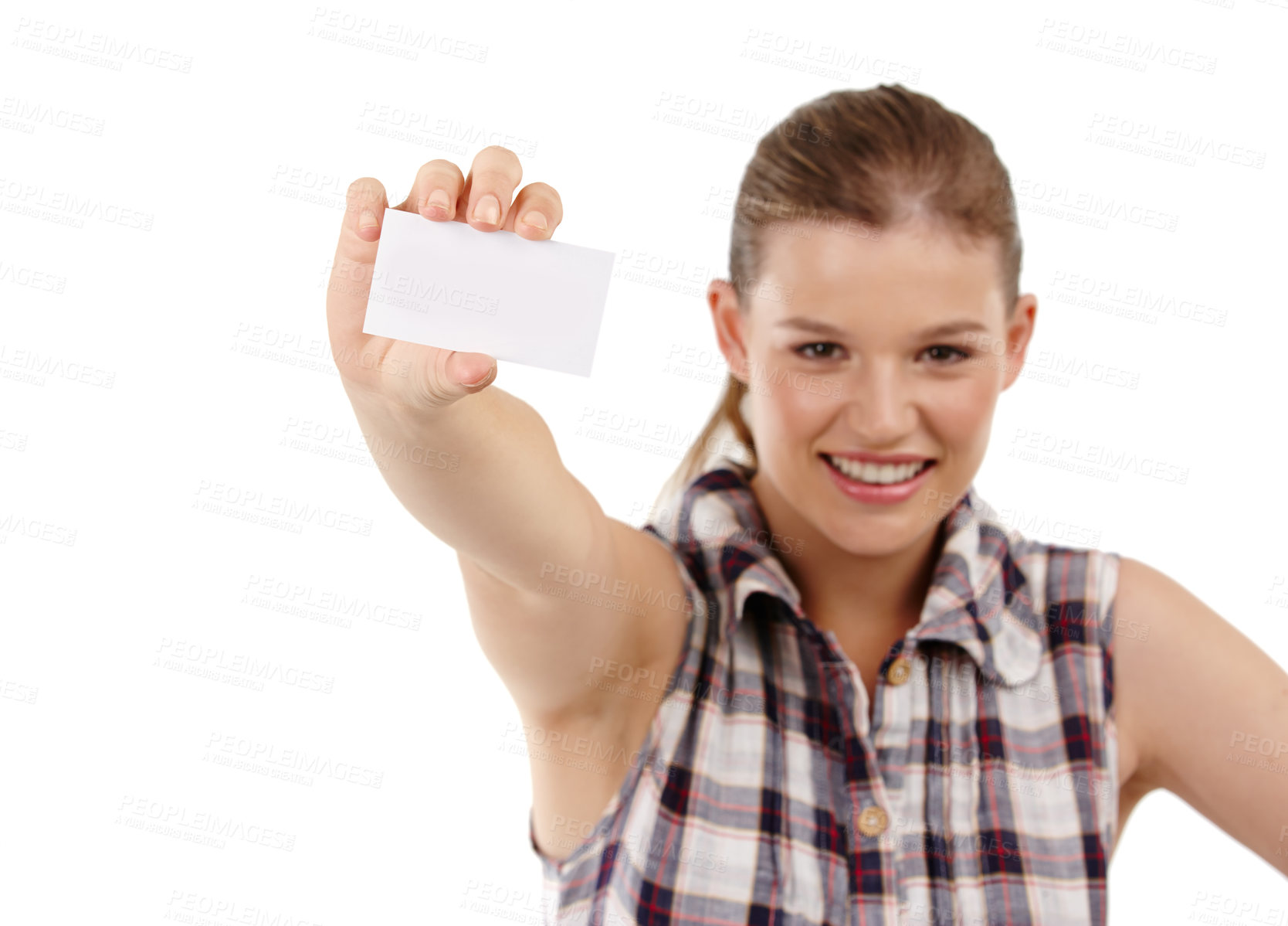 Buy stock photo Business card, mockup and portrait of woman in studio with mockup for news, advertising or info on white background. Paper, space and face of female model with hiring promo, offer or recruitment deal