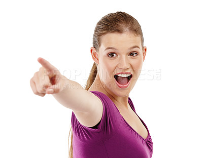 Buy stock photo Woman, smile and pointing for shock in studio, option and selection on white background. Happy female person, direction and surprise for opportunity or decision, gesture and promotion for offer