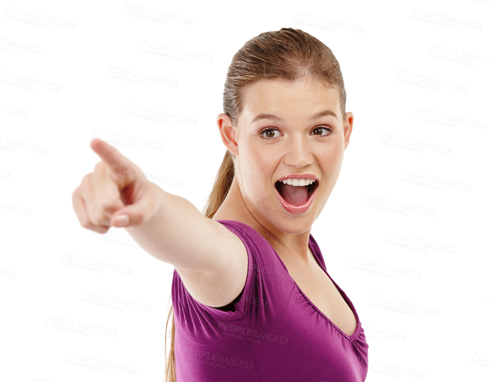 Buy stock photo Woman, smile and pointing for shock in studio, option and selection on white background. Happy female person, direction and surprise for opportunity or decision, gesture and promotion for offer