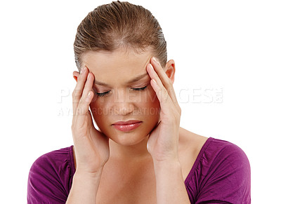 Buy stock photo Stress, headache and woman in studio with anxiety, nervous or overwhelmed by vertigo on white background. Brain fog, crisis or model frustrated by temple pain, regret or mistake, trauma or disaster