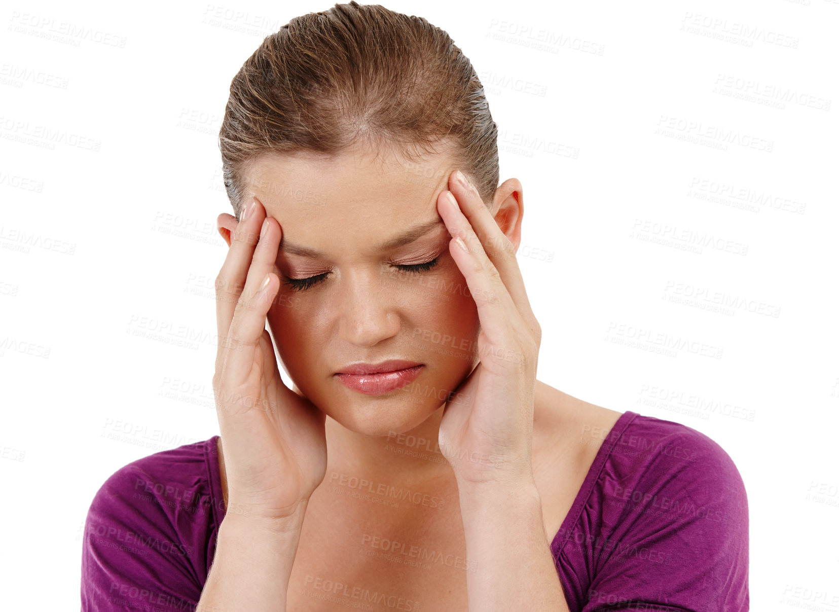 Buy stock photo Stress, headache and woman in studio with anxiety, nervous or overwhelmed by vertigo on white background. Brain fog, crisis or model frustrated by temple pain, regret or mistake, trauma or disaster