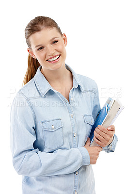 Buy stock photo Student, girl and books in studio portrait for learning, education and scholarship opportunity. Smart person with study resources for literature, English and language development on white background