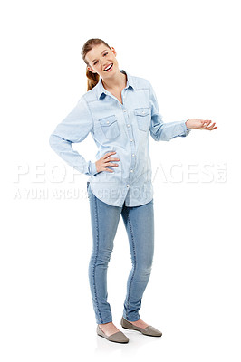 Buy stock photo Portrait, presentation and hand of young woman with mockup for information, announcement or offer in studio. Show, gesture and gen z model for instructions, review or feedback with white background