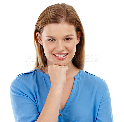 Buy stock photo Closeup shot of a pretty teenage girl standing with her hand on her chin