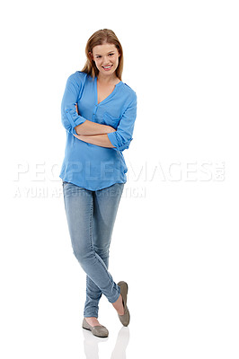 Buy stock photo Woman, portrait and happiness for fashion in studio with arms crossed by white background. Confidence, satisfied and style for gen z female, isolated and smile with smart casual outfit for work