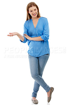 Buy stock photo Recommendation, portrait and hand of student girl with mockup for information, announcement or offer in studio. Show, gesture and gen z model for instructions, review or feedback on white background