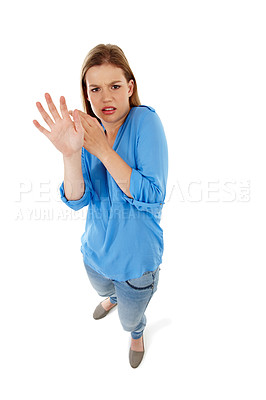 Buy stock photo Scared, portrait and girl in studio confused by mistake, trauma or top view reaction to unexpected conflict on white background. Panic, anxiety or face of gen z model fear of danger, warning or worry