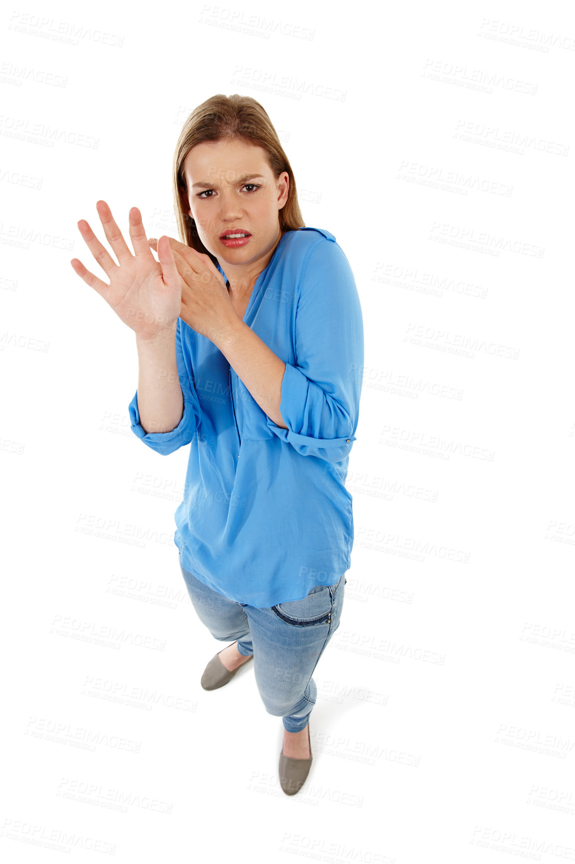 Buy stock photo Scared, portrait and girl in studio confused by mistake, trauma or top view reaction to unexpected conflict on white background. Panic, anxiety or face of gen z model fear of danger, warning or worry