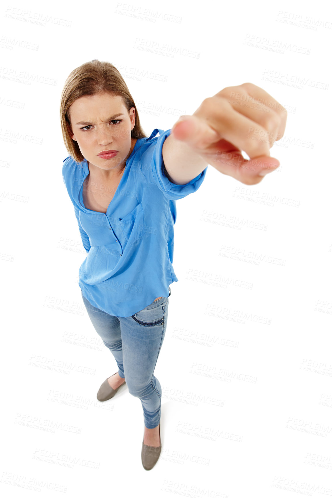 Buy stock photo Portrait, top view and woman pointing to space, angry and girl on white studio background. Face, female or teenager with gesture for blame, upset and nagging with problems, frustrated and bossy