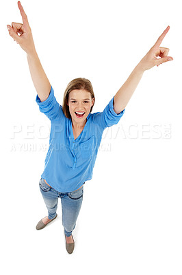 Buy stock photo Woman, portrait and excited with high angle for win with smile or victory isolated on white background. Freedom, expression and happiness with joy, gesture and cheerful in Canada with positive