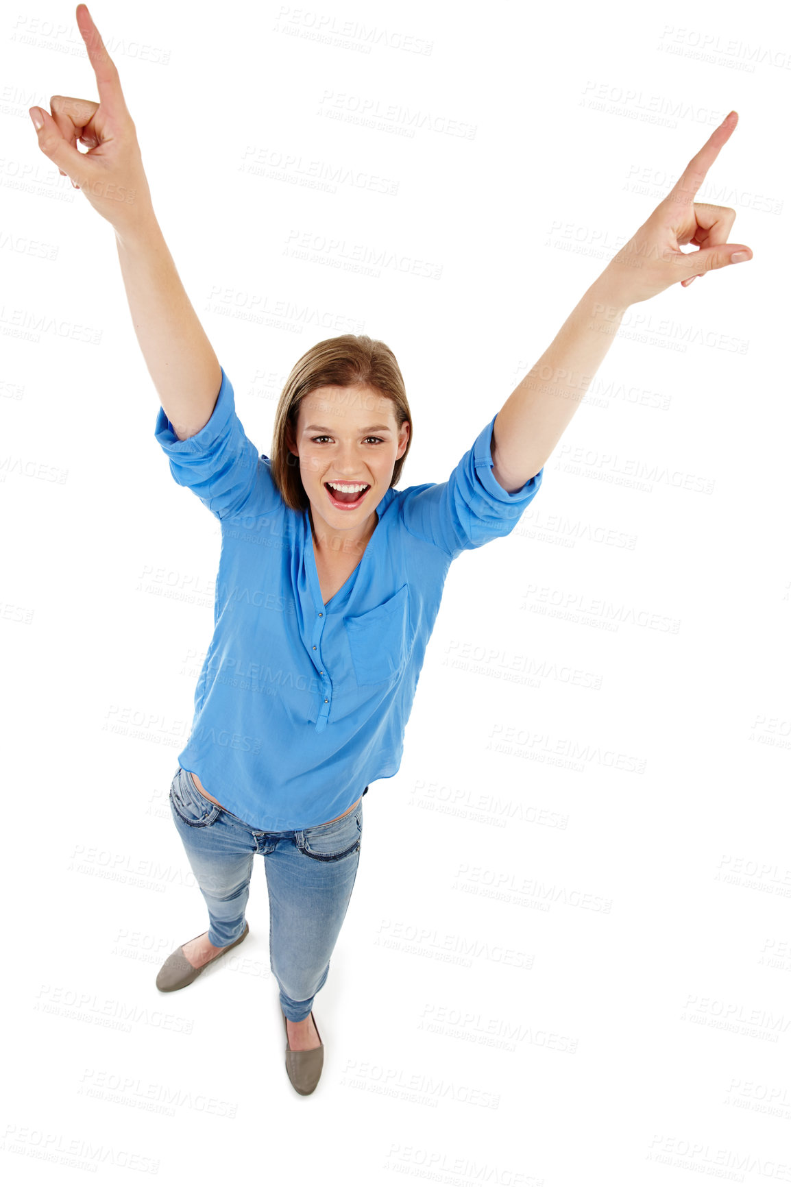 Buy stock photo Woman, portrait and excited with high angle for win with smile or victory isolated on white background. Freedom, expression and happiness with joy, gesture and cheerful in Canada with positive