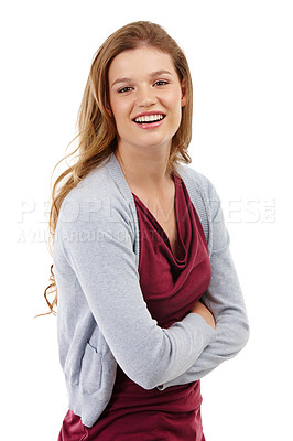 Buy stock photo Portrait, smile and girl with arms crossed in studio for fashion isolated on a white background. Face, student and young woman with confidence in casual clothes, pride and laugh on backdrop in Italy