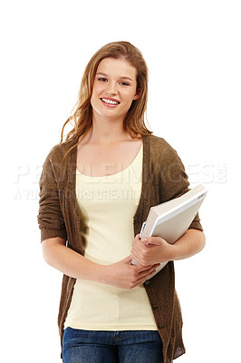 Buy stock photo An attractive teenage girl standing with books in her arms
