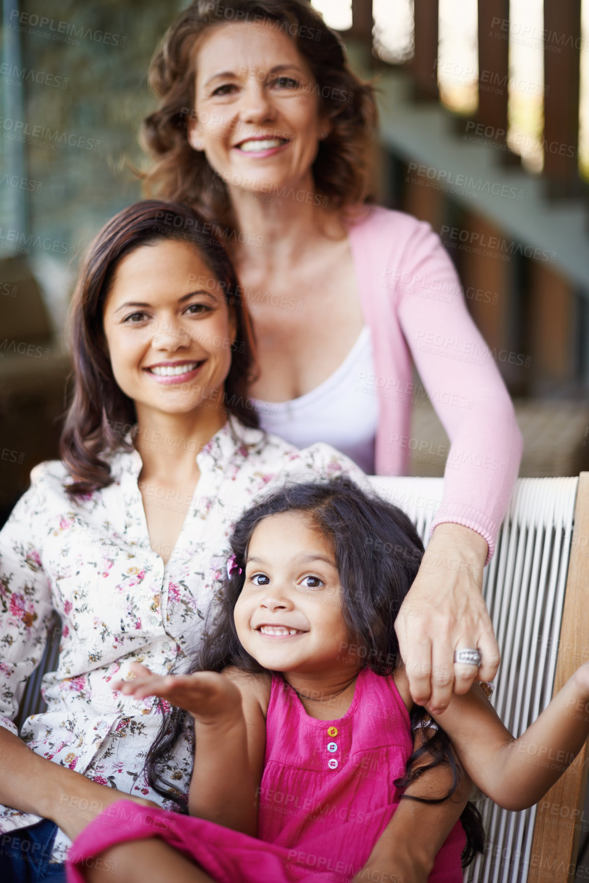 Buy stock photo Portrait, happy mother and grandmother in home with kid for care, support or people bonding together to relax. Smile, mom and grandma with girl child for love, connection and family relationship