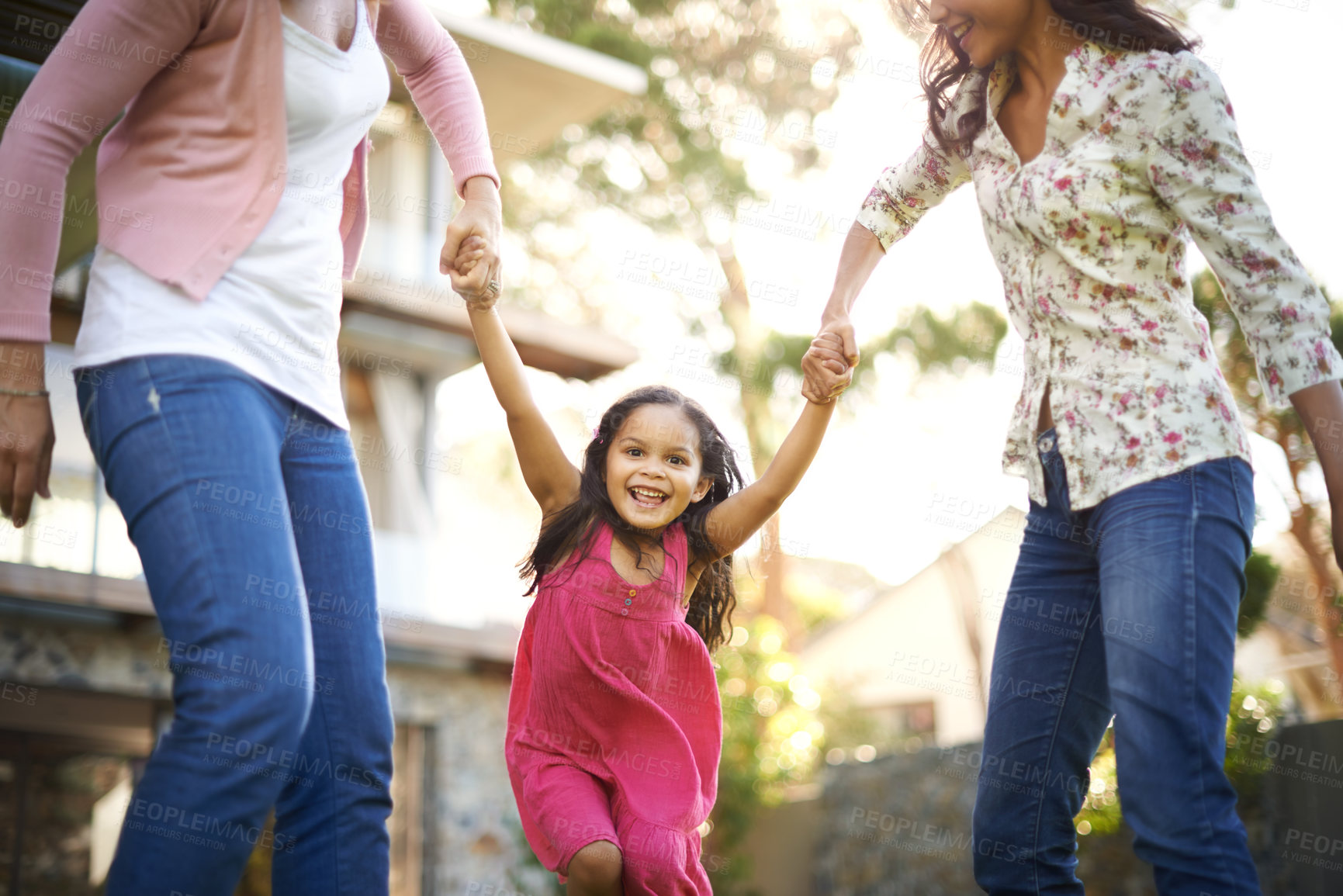 Buy stock photo grandmother, mom or girl in garden to play with love, care or wellness outdoors for bonding in home. Holding hands, family and happy child in nature to swing with grandma, kid and smile with parent