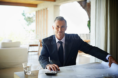Buy stock photo Portrait, blueprint and mature man in office, smile and calculator for tax of investment in property. Real estate, realtor and executive of business with floor plan and paperwork for budget on desk