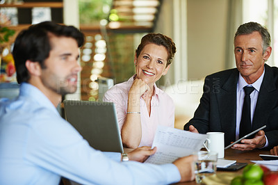 Buy stock photo Business people, teamwork and collaboration with laptop in office for meeting, discussion or negotiation. Corporate, colleagues or employees in workplace talk in group for plan, agenda or feedback