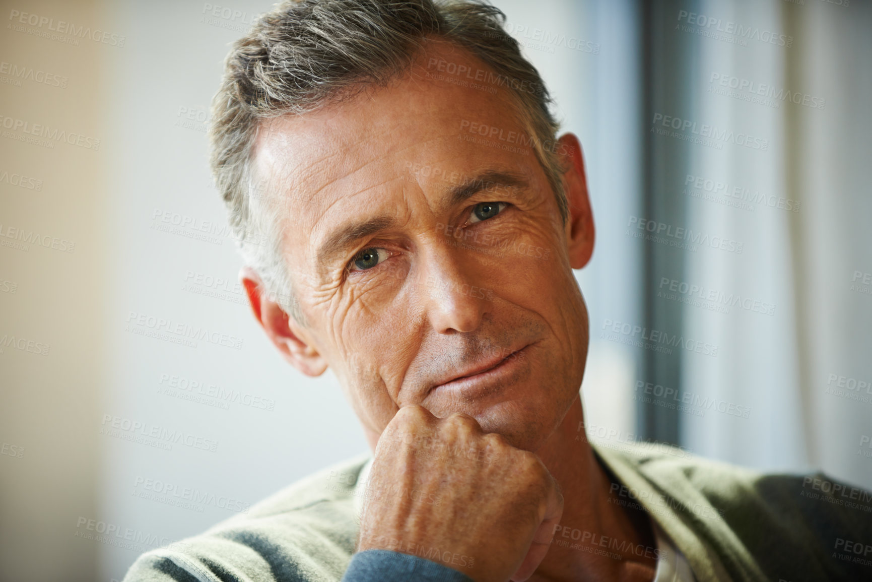 Buy stock photo Portrait, senior man and smile in home to relax for retirement, pensioner or rest on weekend. Male person, calm and sitting on sofa in living room for break with wisdom, confidence and optimism