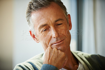 Buy stock photo Senior man, hand and thinking in home for decision, choice or idea on retirement and pension. Person, thought or wonder in house contemplating for memory with mindfulness, reflection or moment alone