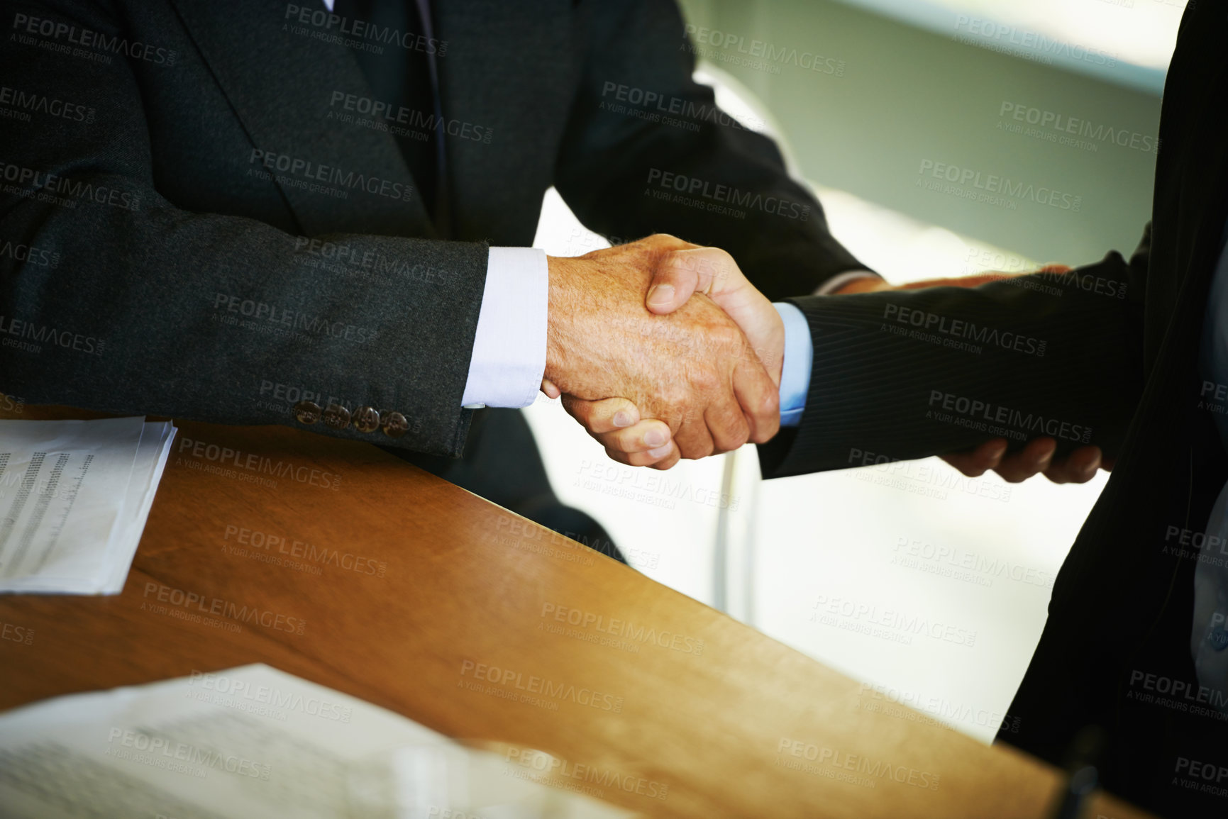 Buy stock photo Business people, handshake and collaboration in office together for meeting, discussion or deal negotiation. Collaboration, partners or employees in workplace for b2b plan, agenda or feedback