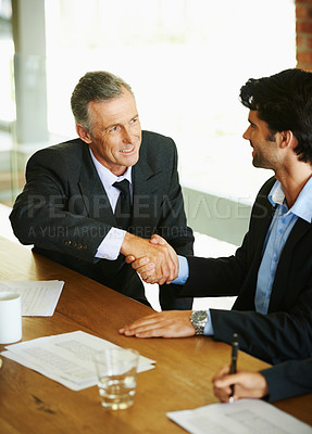 Buy stock photo Business people, handshake or collaboration in office together for meeting, contract discussion or deal negotiation. Corporate, men or employees in workplace for b2b plan, teamwork and feedback