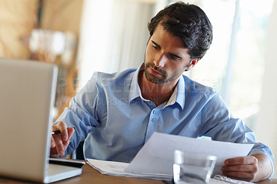 Buy stock photo Man, laptop and calculate in home office for budget, planning and savings account for personal debt. Male person, computer and bills for audit with expenses, tax and loan payment in living space