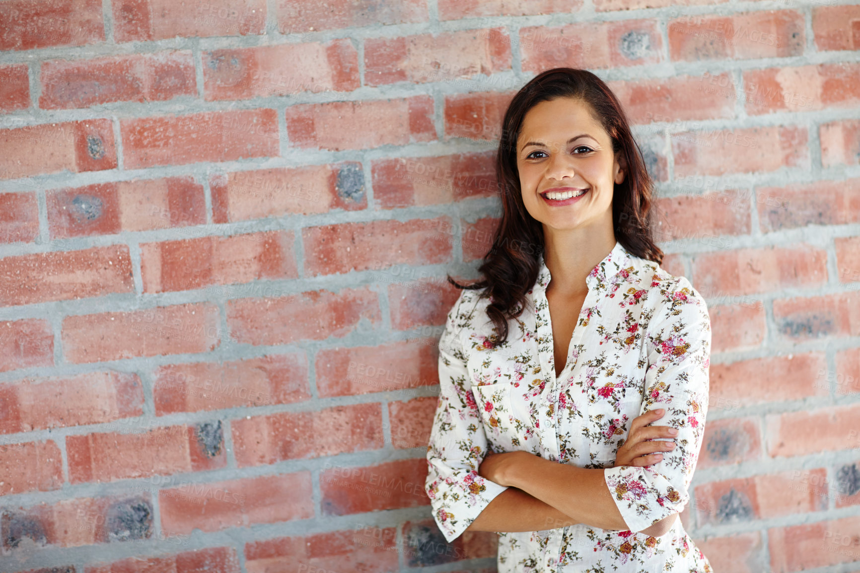 Buy stock photo Teacher, portrait and woman at school with arms crossed on campus, brick wall and education mockup. Happy, tutor and educator excited for teaching knowledge, learning and study curriculum info