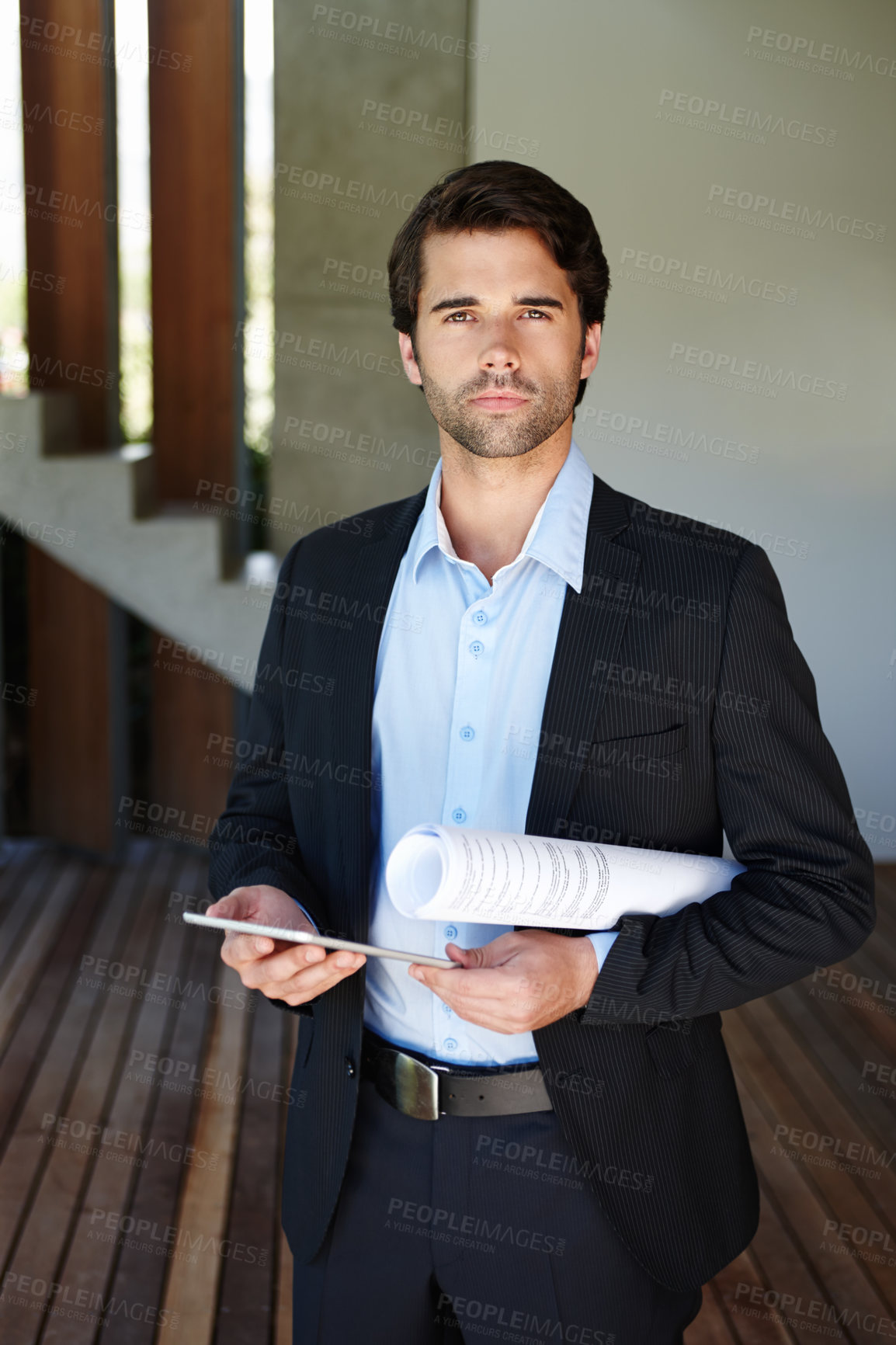 Buy stock photo Portrait, businessman and digital tablet with blueprint, plans and online message with contract. Architecture, male architect and tech for research, email and floor plan before meeting in workplace