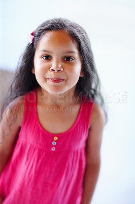 Buy stock photo Funny, face and girl in portrait with playful personality for game, laugh or happy youth at school. Comic, child and facial expression in dress for smile, crazy and playing at kindergarten with adhd 