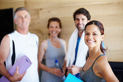 Buy stock photo Young couple and mature couple in sportswear 