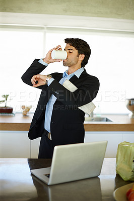 Buy stock photo Check, watch and man with coffee, work and morning with laptop on table in kitchen, schedule and job. Home, employee and bookkeeper with clock for time of meeting, drink and breakfast for delay