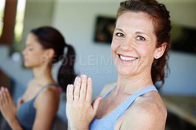 Buy stock photo Mature woman, portrait  and happy to meditate in club for peace, calm and mindfulness or spirituality. Satisfied, smile and zen for mental health for wellness, wellbeing and self care for balance