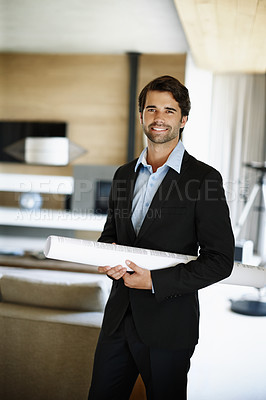 Buy stock photo Business man, portrait and professional with blueprint for planning, building design or floor plan on desk. Home office, architecture or male architect for project renovation, real estate or ideas