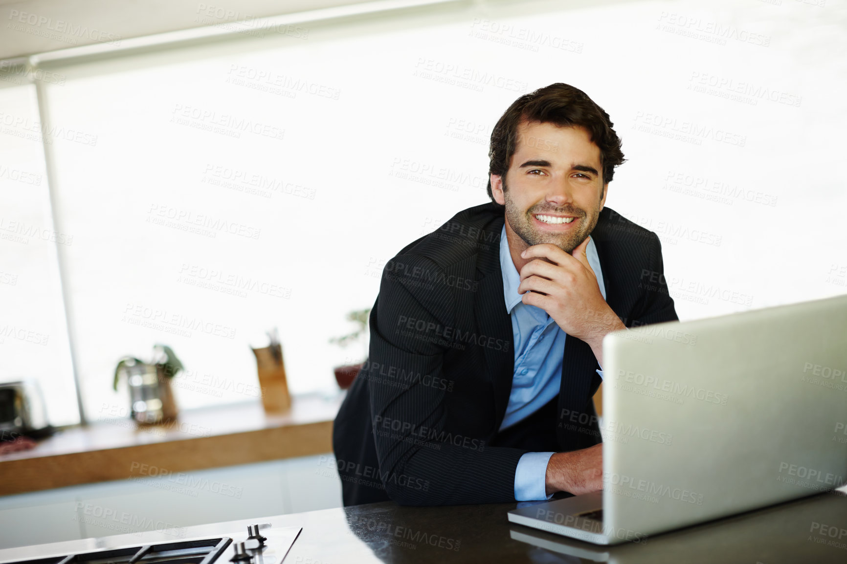 Buy stock photo Notification, businessman and laptop portrait in office for planning, research or campaign information. Corporate, male person and tech in workplace for online communication and internet feedback