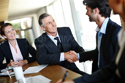 Buy stock photo Handshake, partnership and business people in office meeting for hiring, welcome and job contract. Thank you, senior ceo and worker for promotion or career opportunity with achievement and b2b deal