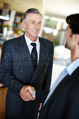 Buy stock photo Handshake, partnership and business people in office for welcome, achievement and job contract. Thank you, senior ceo and worker for promotion or career opportunity with congratulations and b2b deal