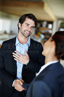 Buy stock photo Businessman, woman and handshake in office for thank you or greeting, hello and hiring for recruitment for corporate job in management. People, shaking hands and agreement for b2b client partnership.
