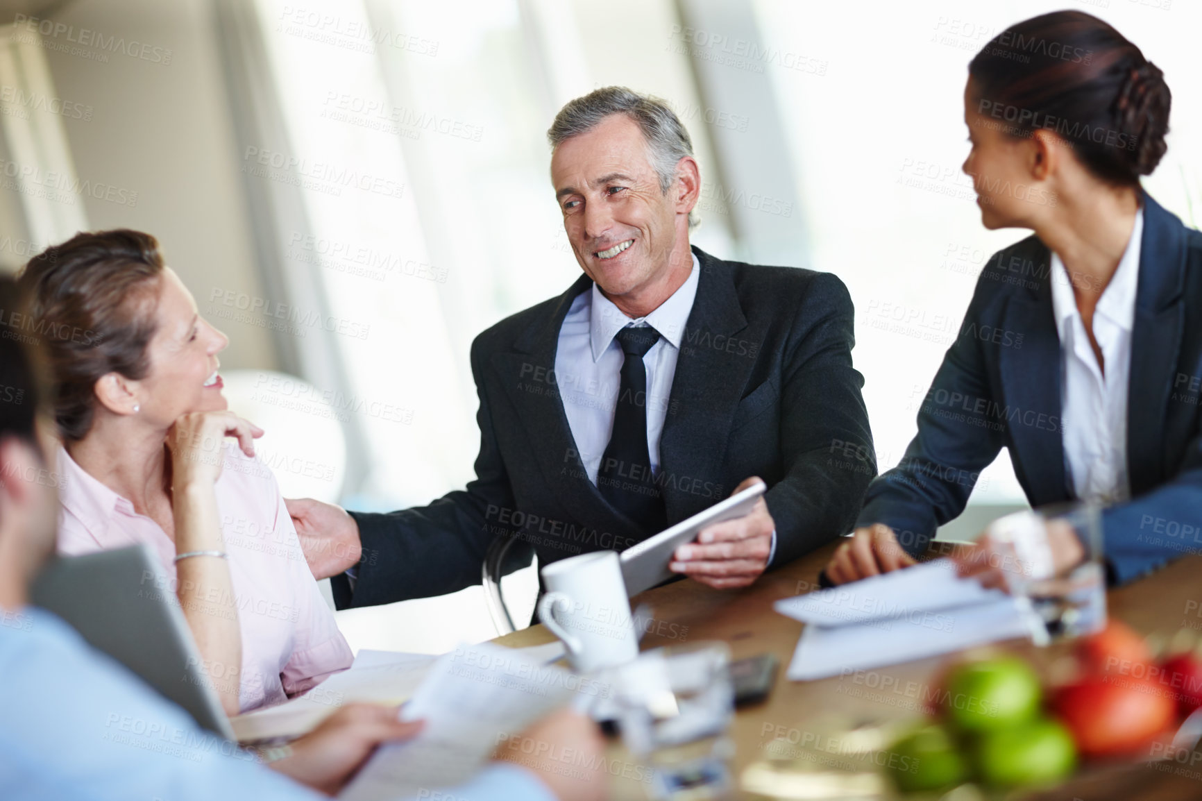 Buy stock photo Team, ceo and meeting on tablet for training, discussion or  business people brainstorming in office. Happy leader, coaching or group with financial manager on tech for project strategy collaboration