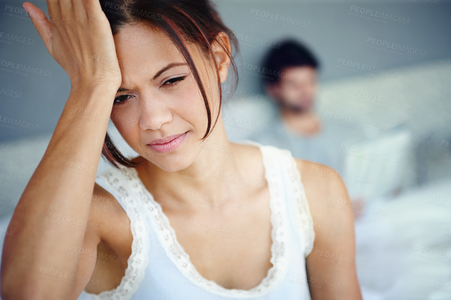 Buy stock photo Woman, migraine and headache with hand on head, pain and frustration in bedroom at home with stress. Female person, stressed and medical condition for healthcare, wellness and medicine in morning