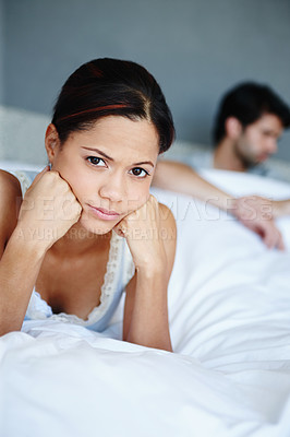 Buy stock photo Conflict, couple and portrait of woman in bedroom for problem, fight or erectile dysfunction, Upset, bored and female person with husband for frustrated, disappointed or relationship argument in home