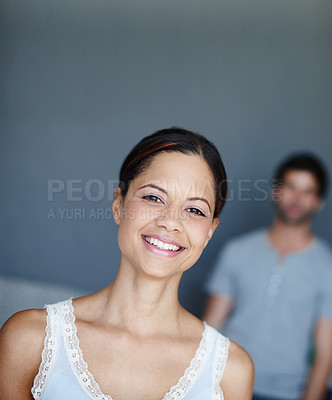 Buy stock photo Portrait, woman and man in bedroom with weekend, relax and smile for morning confidence in home. Happy, face and couple with pride, wellness and romantic marriage in hotel room, house or apartment.