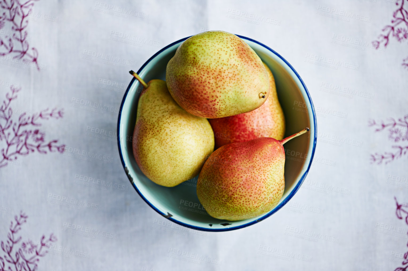 Buy stock photo Home, fresh or healthy pears in kitchen for wellness, organic or balanced diet for nutrition, meal or snacks. Background, fiber and bowl of natural ingredients with vitamins for fruits and above