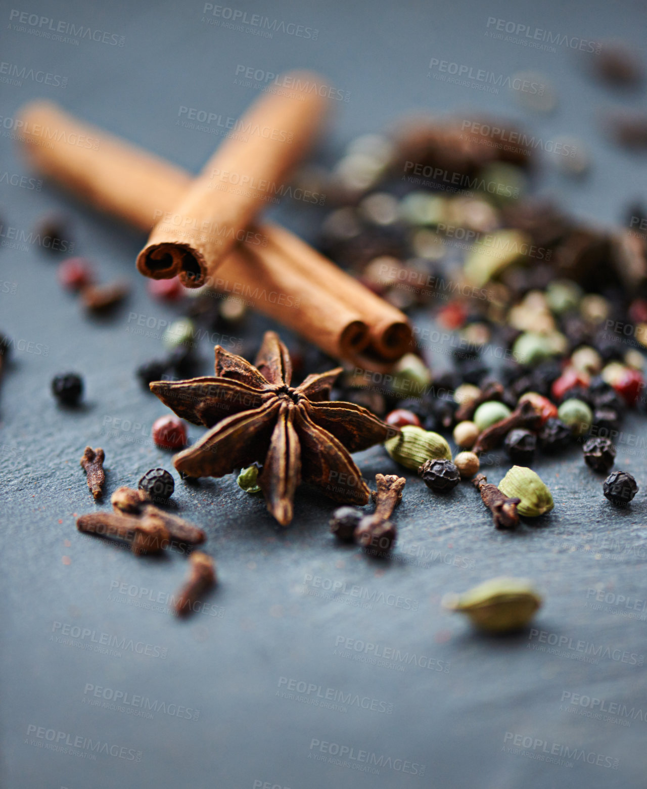 Buy stock photo Whole spices, mix of ingredients and cooking for food, fragrance and flavor with culinary background. Stick cinnamon, star anise and peppercorn for catering in closeup, seasoning collection and aroma