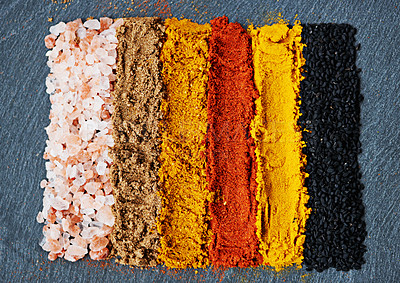 Buy stock photo Row, spice and selection of powder for flavor, turmeric and paprika for meal. Top view, condiments and options for spicy cooking in Indian culture, cumin and food preparation in closeup for aroma