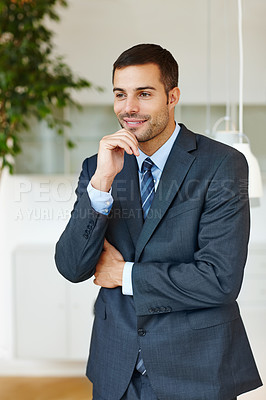 Buy stock photo Corporate, idea and suit with business man at office for start of professional career as intern. Company, happy and thinking with smile of formal employee in workplace for administration or planning