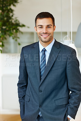 Buy stock photo Corporate, portrait and smile with business man at office for start of professional career as intern. Company, confident or happy and formal employee in suit at workplace for administration job